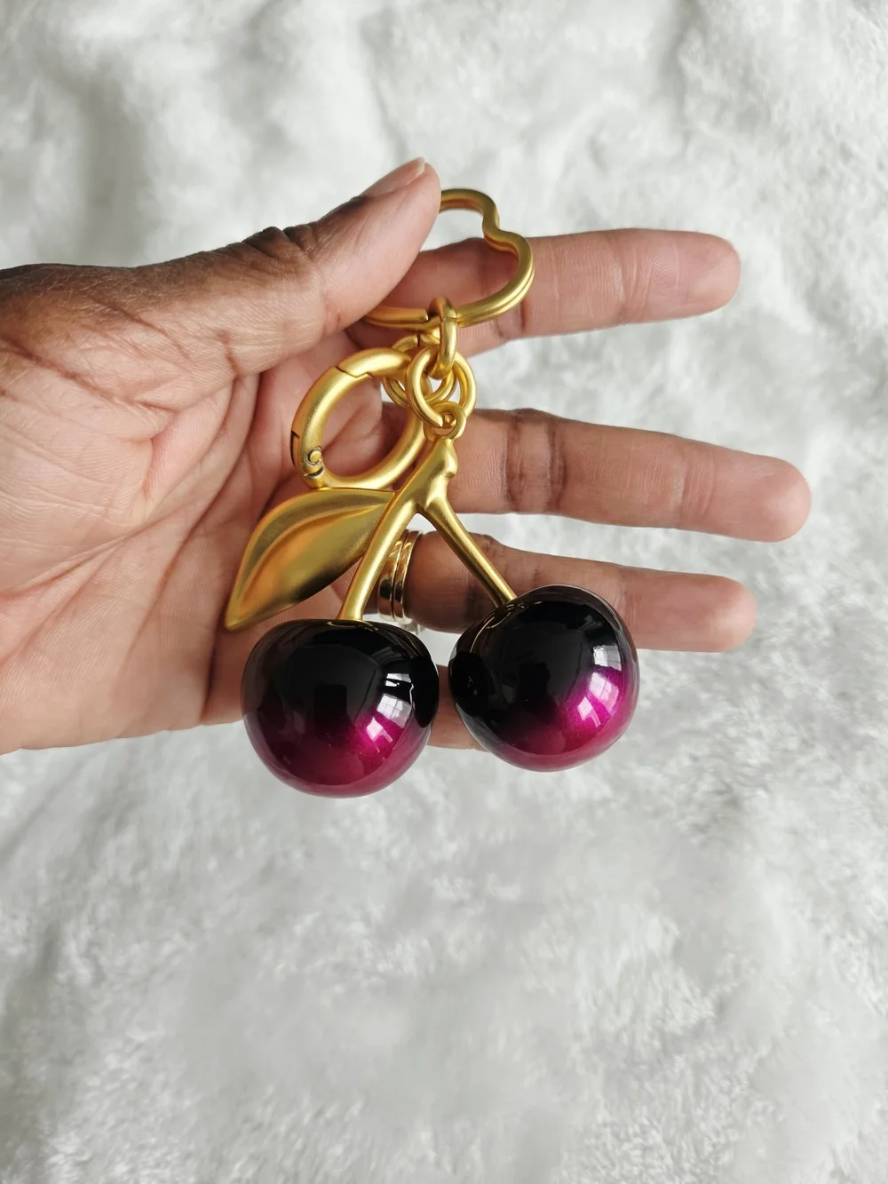 Gold Cherry Keychain with Black-to-Pink Ombre Cherries Beautiful Bag Charm